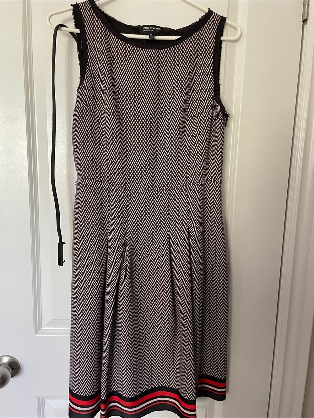 Jones New York Black & White Chevron Fit-and-Flare Dress with Red Trim